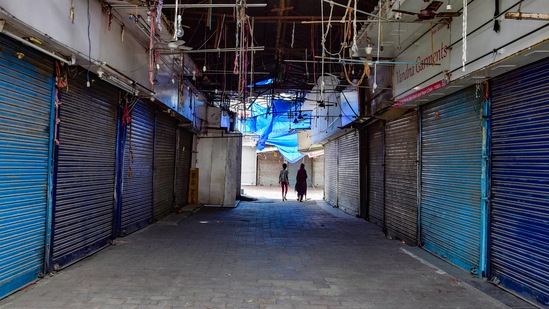 Central market during a Covid-19 induced lockdown, at Lajpat Nagar in New Delhi on June 1. Delhi Chief Minister Arvind Kejriwal on June 5 announced that markets will re-open in the national capital and metro services will be resumed from June 7 with conditions. (Vijay Verma / PTI) Central market during a Covid-19 induced lockdown, at Lajpat Nagar in New Delhi on June 1. Delhi Chief Minister Arvind Kejriwal on June 5 announced that markets will re-open in the national capital and metro services will be resumed from June 7 with conditions. (Vijay Verma / PTI)