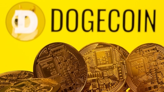 Cryptocurrency representations are seen in front of the Dogecoin logo in this illustration picture taken on April 20, 2021. (Reuters)