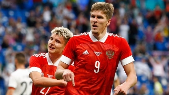 Russia v Bulgaria - Lev Yashin Stadium, Moscow, Russia - June 5, 2021 Russia's Aleksandr Sobolev celebrates scoring their first goal (REUTERS)