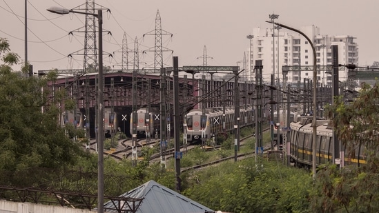 Delhi Metro Rail Corp. (DMRC) trains are stored at the Timarpur yard during lockdown restrictions in New Delhi on May 31. The Delhi Metro is also to resume services at 50% capacity, the chief minister said in a video press conference. (Anindito Mukherjee / Bloomberg) Delhi Metro Rail Corp. (DMRC) trains are stored at the Timarpur yard during lockdown restrictions in New Delhi on May 31. The Delhi Metro is also to resume services at 50% capacity, the chief minister said in a video press conference. (Anindito Mukherjee / Bloomberg)