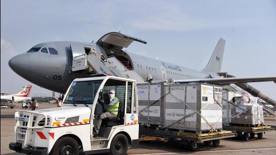 A shipment from Canada carrying ventilators and vials of Remdesivir arrived at Indira Gandhi International Airport in New Delhi in May. (ANI)