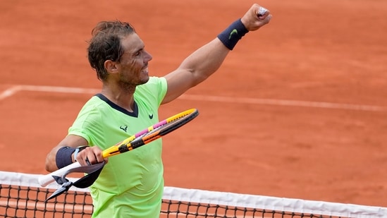 Spain's Rafael Nadal celebrates after defeating Britain's Cameron Norrie during their third round match on day 7, of the French Open tennis tournament at Roland Garros in Paris, France, Saturday, June 5, 2021. (AP) Spain's Rafael Nadal celebrates after defeating Britain's Cameron Norrie during their third round match on day 7, of the French Open tennis tournament at Roland Garros in Paris, France, Saturday, June 5, 2021. (AP)
