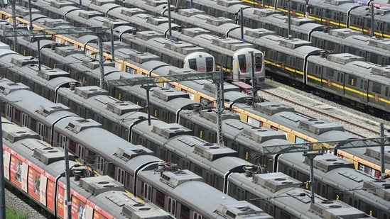 Delhi metro to operate with 50 per cent seating capacity. In picture - Metro trains parked at Timarpur Metro Yard during lockdown in New Delhi.(PTI)