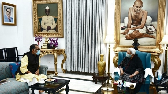 BJP leader Radha Mohan Singh with Uttar Pradesh governor Anandiben Patel at Raj Bhavan in Lucknow on Sunday.