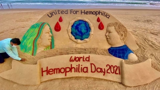 World Hemophilia Day: Raising awareness on Hemophilia, Pattnaik made this art at Puri beach with the message, “United for haemophilia."(Facebook/SudarsanPattnaik)