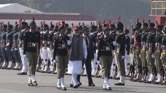 Prime Minister Narendra Modi inspects the guard of honour at the Prime Minister’s NCC Rally, in New Delhi. It is the world’s largest voluntary uniformed youth organisation.(Sanjeev Verma/HT File Photo)