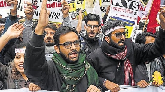 Activist and former JNU student leader Umar Khalid along with students and supporters protest against Citizenship Amendment Act (CAA).(Biplov Bhuyan/HT file photo) Activist and former JNU student leader Umar Khalid along with students and supporters protest against Citizenship Amendment Act (CAA).(Biplov Bhuyan/HT file photo)