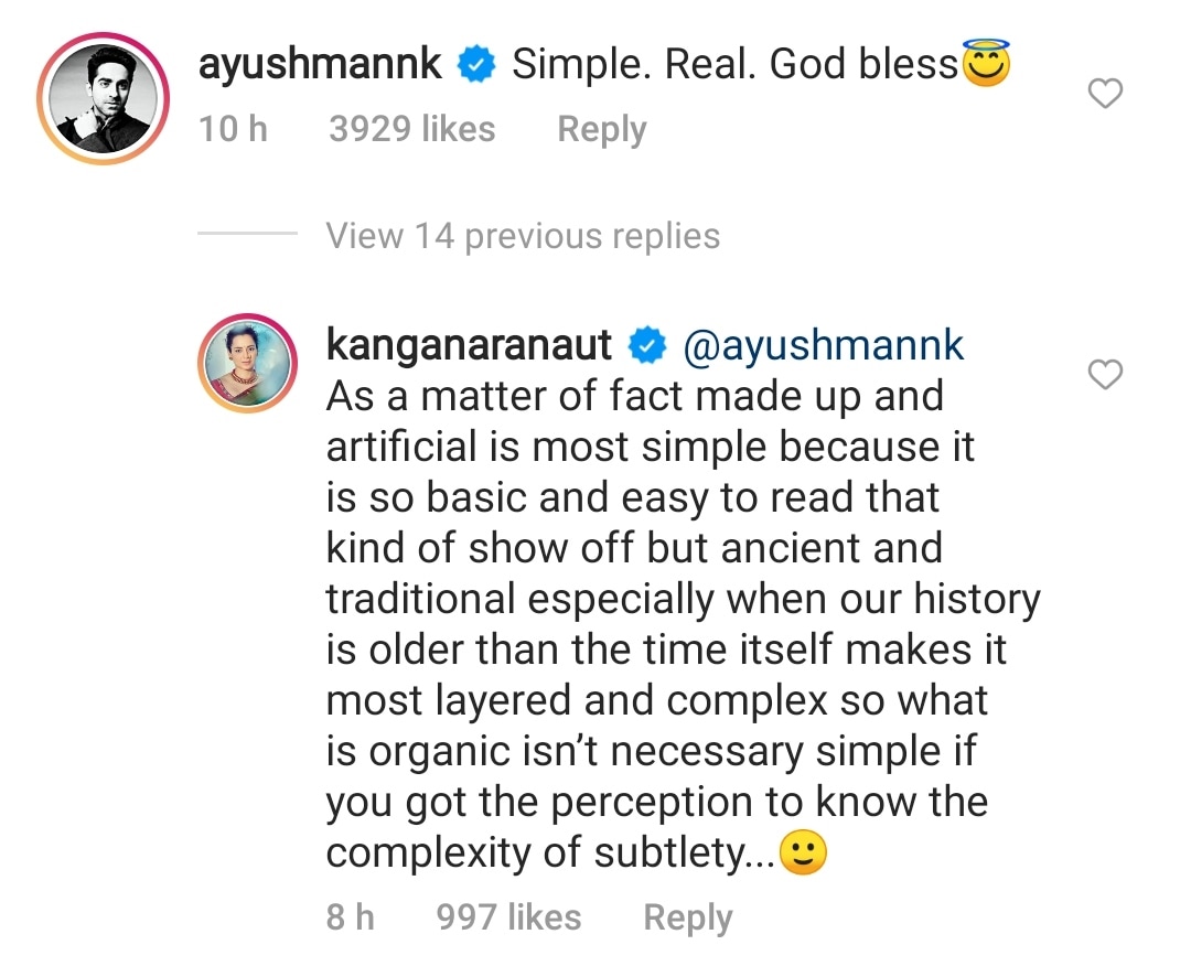 Kangana Ranaut's reply to Ayushmann Khurrana. Kangana Ranaut's reply to Ayushmann Khurrana.
