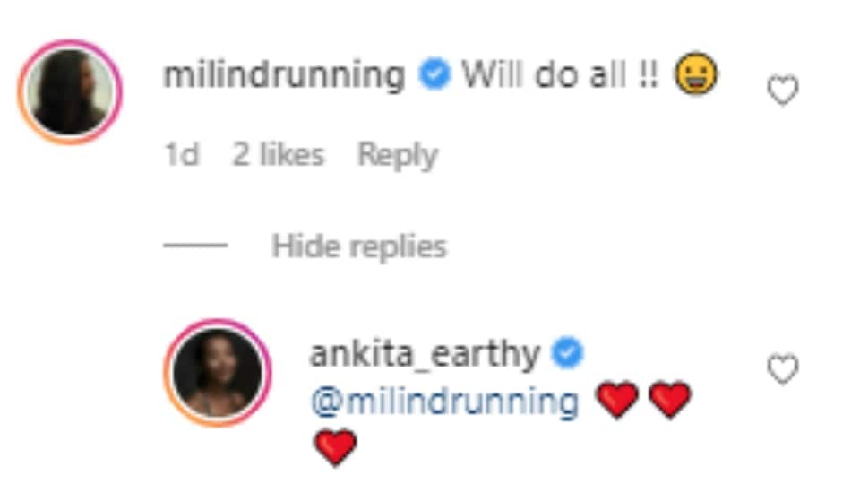 Milind Soman and Ankita Konwar's comment on the post Milind Soman and Ankita Konwar's comment on the post
