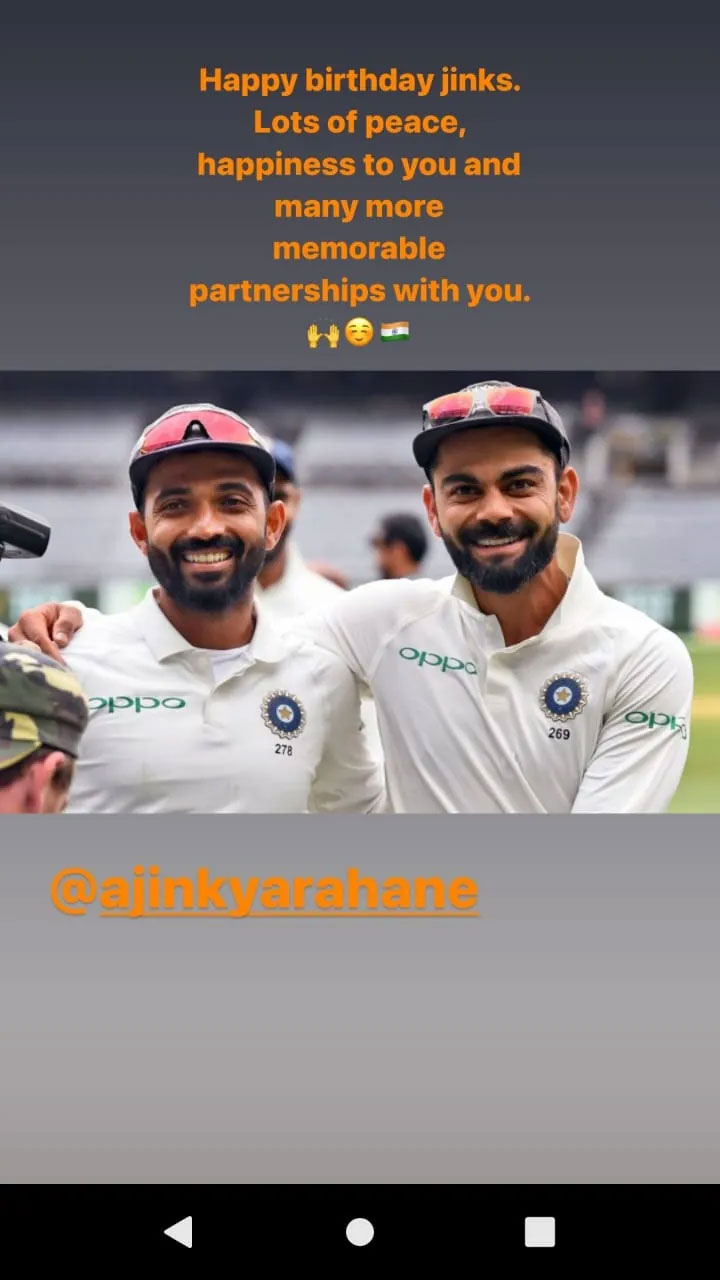 Virat Kohli took to Instagram to wish Ajinkya Rahane. (Virat Kohli/Instagram) Virat Kohli took to Instagram to wish Ajinkya Rahane. (Virat Kohli/Instagram)