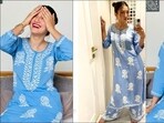 Gauahar Khan’s blue chikankari suit is a must-have ethnic style this summer(Instagram/gauaharkhan/amaya_chikan)