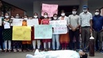 Junior Doctors demonstrate during their indefinite strike for the fulfillment of demands including hike in the salaries after their mass resignation amid Covid-19 pandemic in Bhopal on Sunday. (ANI Photo) Junior Doctors demonstrate during their indefinite strike for the fulfillment of demands including hike in the salaries after their mass resignation amid Covid-19 pandemic in Bhopal on Sunday. (ANI Photo)