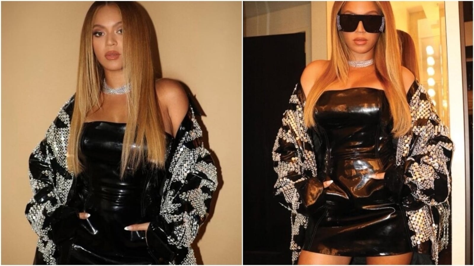 Beyonce in strapless leather mini dress looks like a million bucks, see ...