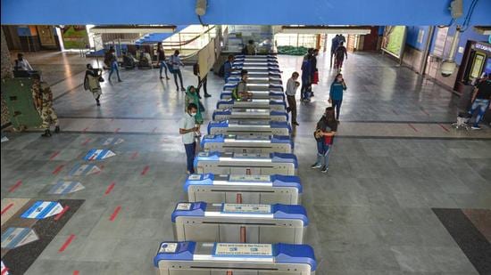 The Lakshmi Nagar Metro Station after resumption of the Delhi Metro services in a graded manner, in New Delhi on Monday, June 7. (PTI) The Lakshmi Nagar Metro Station after resumption of the Delhi Metro services in a graded manner, in New Delhi on Monday, June 7. (PTI)