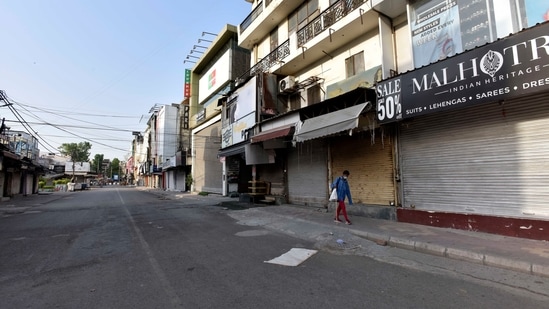 Lajpat Nagar market during a Covid-19 induced lockdown in New Delhi, India. (Photo by Sanjeev Verma/ Hindustan Times)