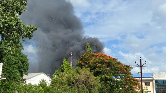 A major fire broke out at SVS Aqua company that produces chlorine dioxide tab for water purification in Urawade villlage near Pirangut in Taluka Mulshi in Pune. (Hindustan Times)