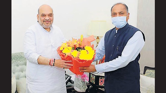 Himachal chief minister Jai Ram Thakur with Union home minister Amit Shah in Delhi on Monday. (HT Photo) Himachal chief minister Jai Ram Thakur with Union home minister Amit Shah in Delhi on Monday. (HT Photo)
