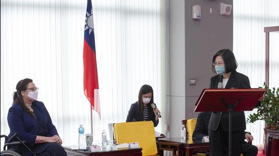 President Tsai Ing-wen at right speaks near US Democratic Senator Tammy Duckworth of Illinois in Taipei, Taiwan on Sunday. (AP) President Tsai Ing-wen at right speaks near US Democratic Senator Tammy Duckworth of Illinois in Taipei, Taiwan on Sunday. (AP)