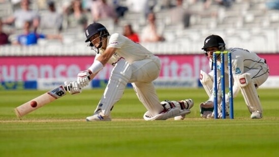 England's Joe Root plays a shot for four off the bowling of New Zealand's Mitchell Santner during the fifth day of the Lord's Test (AP) England's Joe Root plays a shot for four off the bowling of New Zealand's Mitchell Santner during the fifth day of the Lord's Test (AP)