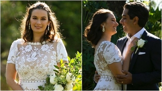 As for Tushaan, the groom complemented his bride in a crisp white shirt and navy-blue suit. He rounded off his look with black dress shoes, a white pocket square and a beautiful flower pinned on the lapel of his suit.(Instagram/@evelyn_sharma)