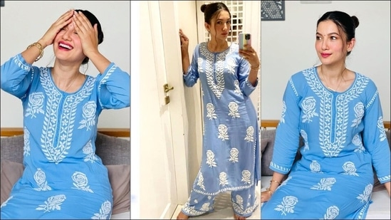 Gauahar Khan’s blue chikankari suit is a must-have ethnic style this summer(Instagram/gauaharkhan/amaya_chikan)