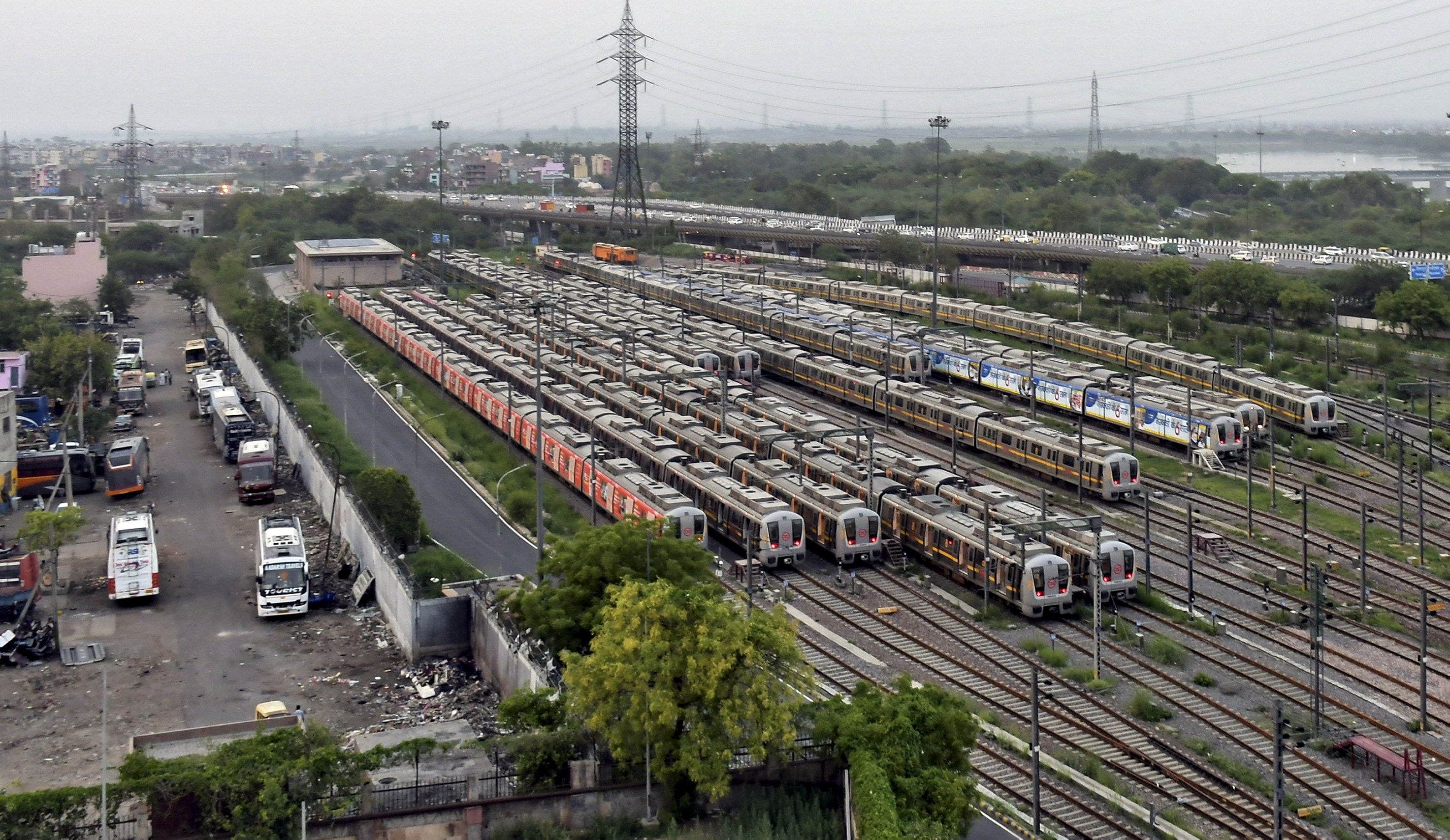 Metro trains parked at Timarpur Depot ahead of the lifting of Covid-induced restrictions, in New Delhi, on Sunday, June 6, 2021. (PTI) Metro trains parked at Timarpur Depot ahead of the lifting of Covid-induced restrictions, in New Delhi, on Sunday, June 6, 2021. (PTI)
