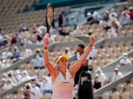 Russia's Anastasia Pavlyuchenkova celebrates after winning her quarterfinal match against Kazakhstan's Elena Rybakina