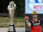 Photos of PSL Trophy (L) and RCB's South African batsman AB de Villiers