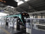 A view of the Aqua line metro train in Noida. It covers the twin cities in Gautam Buddh Nagar district and covers a total length of 29.7 km with 21 metro stations. A view of the Aqua line metro train in Noida. It covers the twin cities in Gautam Buddh Nagar district and covers a total length of 29.7 km with 21 metro stations.