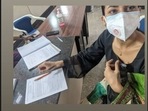 Pavitra Punia fills up her form for Covid-19 vaccine. 