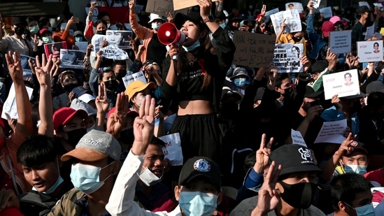 Myanmar has been in turmoil since a Feb. 1 military coup, with daily protests in towns and cities. In picture - People demand the release of elected leader Aung San Suu Kyi, in Yangon, Myanmar.(Reuters)