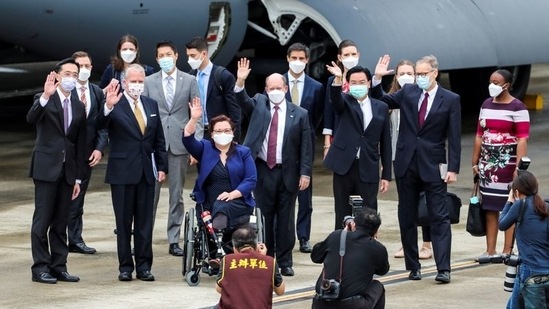 The three senators, Tammy Duckworth, Dan Sullivan and Christopher Coons, visited Taipei for around three hours on Sunday where they met President Tsai Ing-wen and announced the donation of 750,000 Covid-19 vaccine doses for the island.(Reuters)