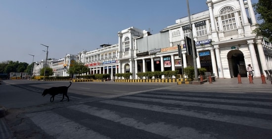 Connaught Place wears a deserted look as Delhi remains under lockdown-like restrictions due to Covid-19. (HT Photo) Connaught Place wears a deserted look as Delhi remains under lockdown-like restrictions due to Covid-19. (HT Photo)