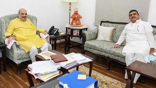 Leader of opposition of the West Bengal legislative assembly and BJP MLA Suvendu Adhikari called on Home Minister Amit Shah. (PTI) Leader of opposition of the West Bengal legislative assembly and BJP MLA Suvendu Adhikari called on Home Minister Amit Shah. (PTI)