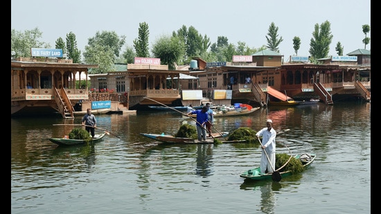 Boatmen collect weeds at Dal Lake, in Srinagar on Tuesday. (ANI) Boatmen collect weeds at Dal Lake, in Srinagar on Tuesday. (ANI)