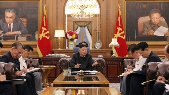 North Korean leader Kim Jong Un, center, attends a meeting with senior ruling party officials in Pyongyang, Monday, June 7, 2021. (AP) North Korean leader Kim Jong Un, center, attends a meeting with senior ruling party officials in Pyongyang, Monday, June 7, 2021. (AP)