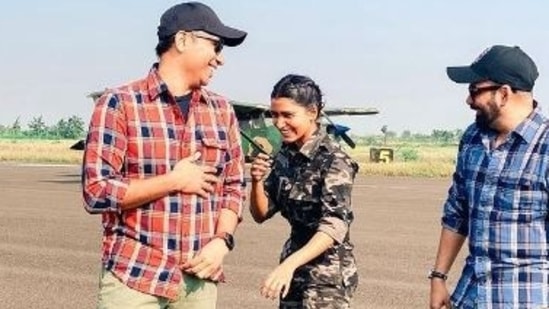 Samantha Akkineni with Raj and DK on the sets of The Family Man. 