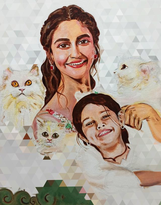 A painting by Indira made during lockdown for cat-lover Alia Bhatt, her co-star in Gangubai Kathiawadi (Sourced) A painting by Indira made during lockdown for cat-lover Alia Bhatt, her co-star in Gangubai Kathiawadi (Sourced)