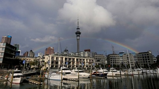 A rainbow appears on the Auckland skyline featuring Sky Tower in New Zealand. (REUTERS)