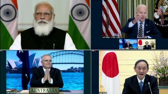 PM Narendra Modi takes part in the First Quad Leaders’ Virtual Summit with US President Joe Biden, Australian PM Scott Morrison and Japanese PM Suga on March 12, 2021. (HT file) PM Narendra Modi takes part in the First Quad Leaders’ Virtual Summit with US President Joe Biden, Australian PM Scott Morrison and Japanese PM Suga on March 12, 2021. (HT file)