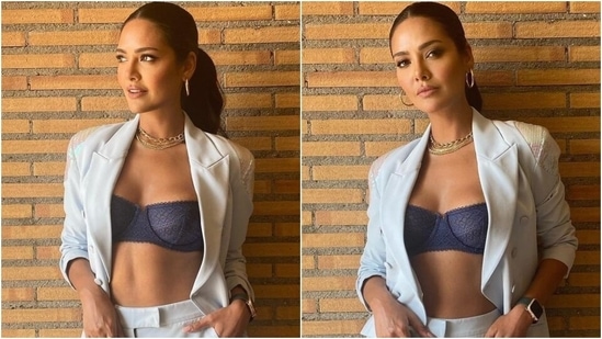 Esha Gupta in chic white pantsuit and blue bralette glams up the boss lady look(Instagram/@egupta)