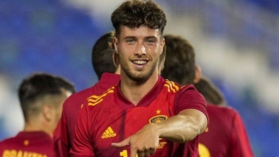 Javier Puado celebrates after scoring Spain's fourth goal. (AP) Javier Puado celebrates after scoring Spain's fourth goal. (AP)