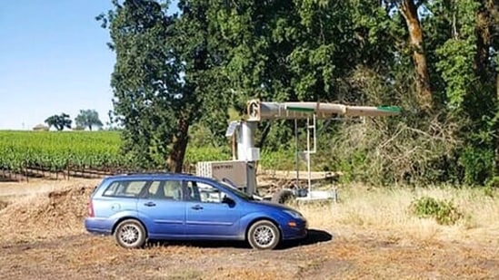 This photo provided by the Sonoma County Sheriff's Office shows a fan at a vineyard in Santa Rosa, Calif. where a man was found on Tuesday, June 8, 2021, trapped inside a large fan at a vineyard for two days. (Sonoma County Sheriff's Office via AP)
