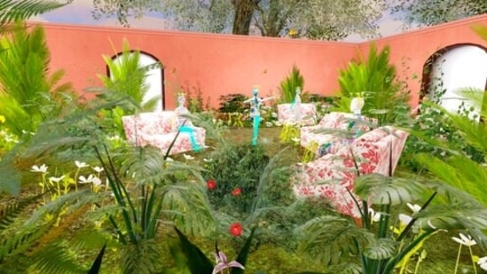 This computer generated image shows a Gucci virtual garden on Roblox. Anyone whose avatar is traipsing around the Roblox online game platform these days might run into other avatars sporting Gucci handbags, sunglasses or hats. The digital-only items are part of the Gucci’s time-limited collection for Roblox, as the Italian fashion house that prides itself on hand-craftsmanship is dipping its toes into an expanding virtual space where many of its youngest fans already are at home. (Roblox via AP)(AP)