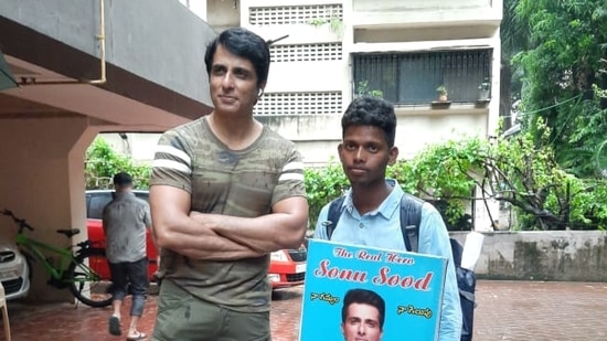 Sonu Sood with a fan.