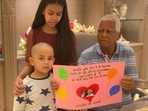 Lalu Prasad Yadav holds a card made by his grandchildren on his birthday. (Twitter/Dr Misa Bharti) Lalu Prasad Yadav holds a card made by his grandchildren on his birthday. (Twitter/Dr Misa Bharti)