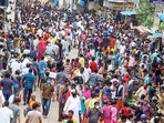 People gather at market to buy necessary items in Chennai. People gather at market to buy necessary items in Chennai.