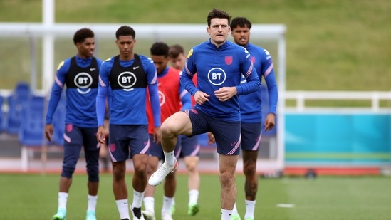 England's Harry Maguire, Marcus Rashford ,Jude Bellingham and Tyrone Mings during training. (REUTERS)