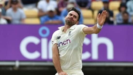 England's James Anderson bowls a delivery during the second day of the second cricket test match between England and New Zealand at Edgbaston in Birmingham, England, Friday, June 11, 2021.(AP)