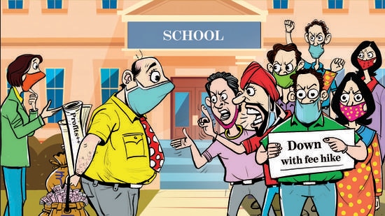 Due to the pandemic, school buildings, water, electricity and numerous other things are not being used, prompting the courts to direct the schools only to charge the tuition fee, say tricity residents. (Illustration: BISWAJIT DEBNATH/HT) Due to the pandemic, school buildings, water, electricity and numerous other things are not being used, prompting the courts to direct the schools only to charge the tuition fee, say tricity residents. (Illustration: BISWAJIT DEBNATH/HT)